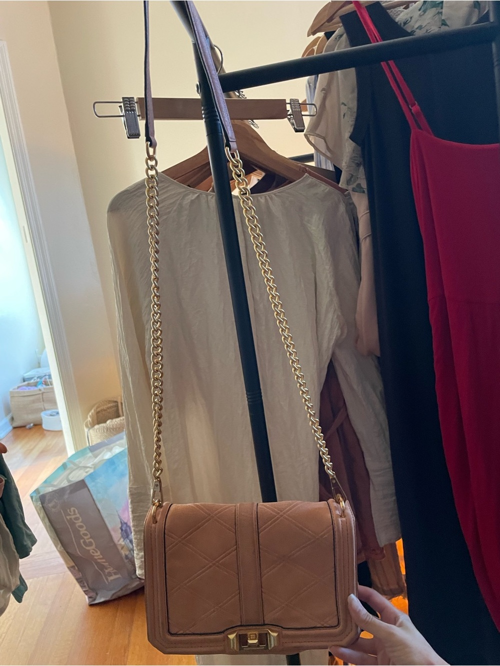 Rebecca Minkoff Quilted Taupe Crossbody with Gold Chain